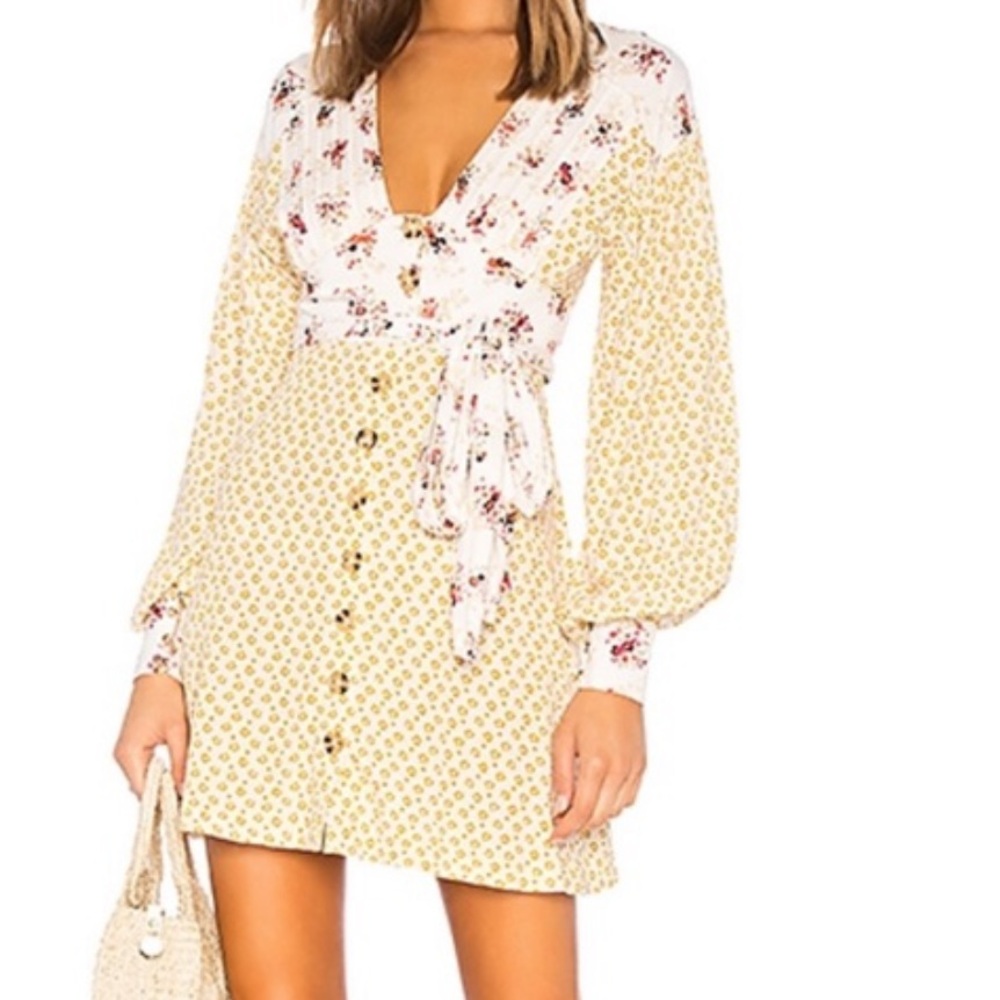 New Free People floral blousy long sleeve mini dress with belt size L